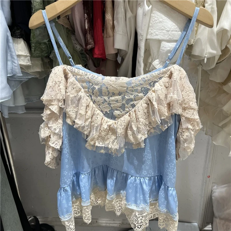 Lace Trimmed Bell Sleeve Patchwork Silk Blend Women's Loose Fit Vest Top Sexy Backless V-neck Breathable Short Length Inner Wear