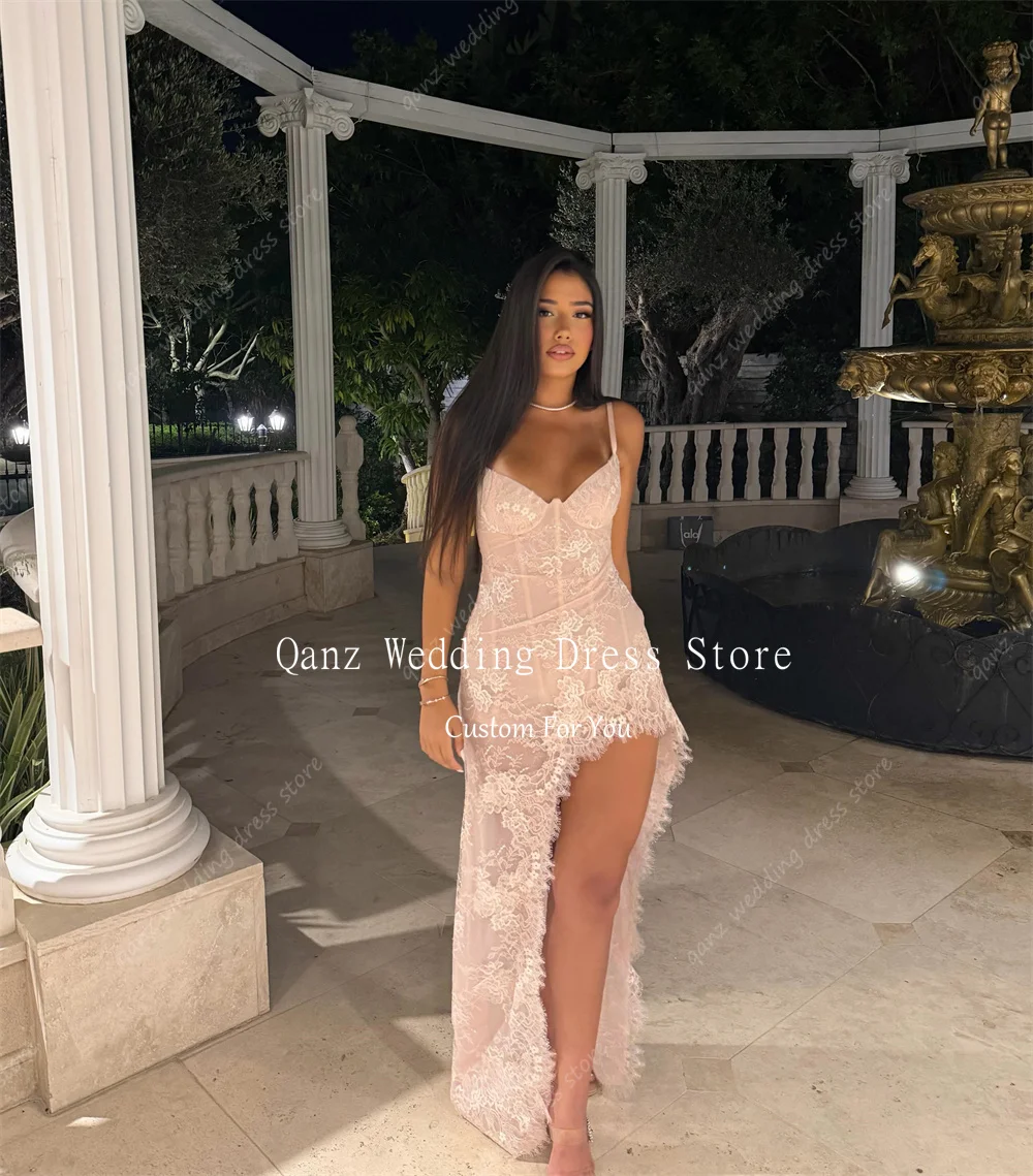 Qanz Blush Pink Evening Dresses Spaghetti Straps Lace Appliques Vestidos De Fiesta Elegantes Floor Length Prom Dress Customized