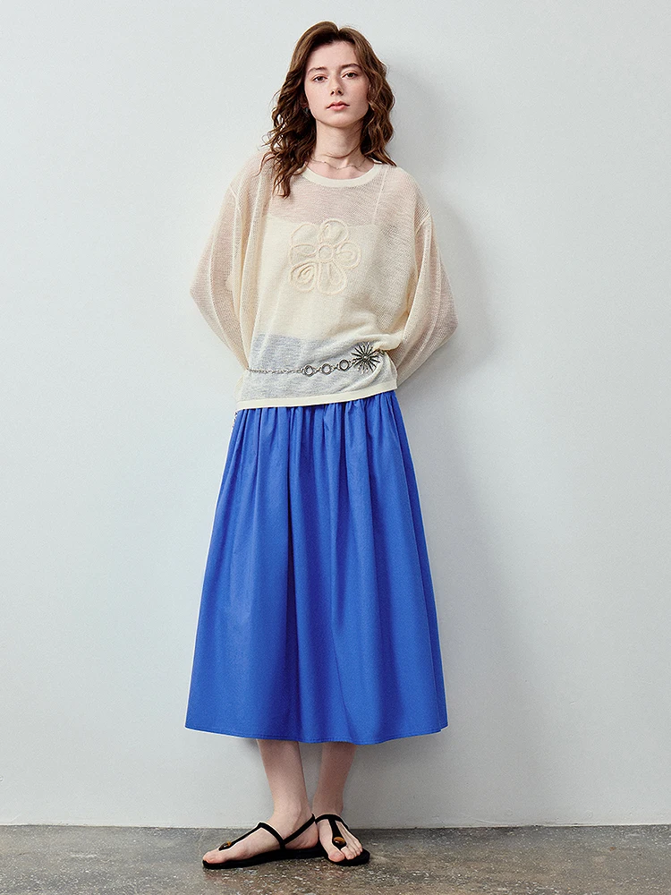 TOYOUTH Women Skirt 2026 Summer New Cotton Umbrella Swing Splicing Design with a Sense of Beige Loose Waist and Long Skirt