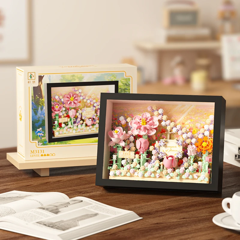 MOC Creatieve Bloemen 3D Frame Bouwstenen Set, DIY Bloemenpuzzel met Achterwand, Wand- & Bureaudecoratie Cadeau voor Meisjes & Kinderen