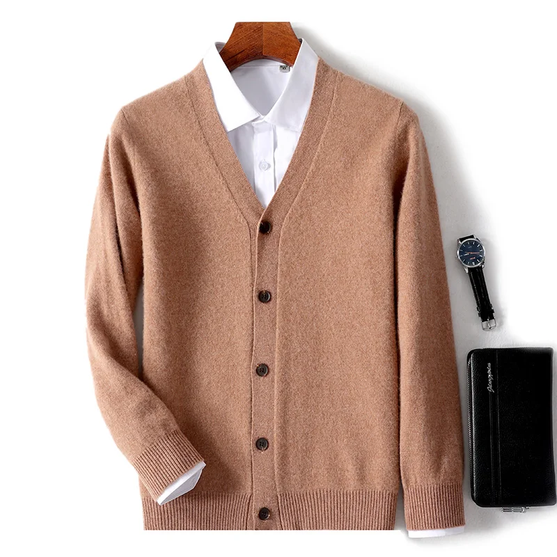 Autumn And Winter 100% Wool Cardigan Men's V-neck Solid Color Sweater Business Casual Coat Knitted Bottoming Shirt
