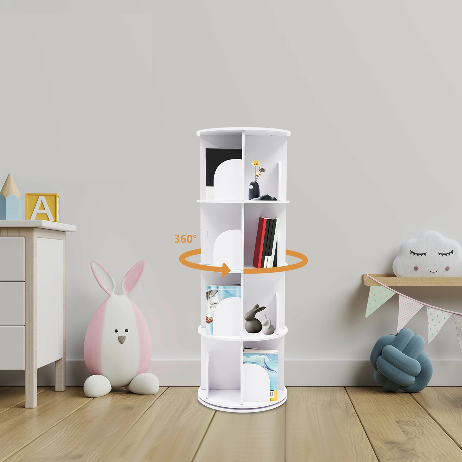 4-layer 360° Rotatable White Bookshelf Floor Standing Livingroom Storage Rack