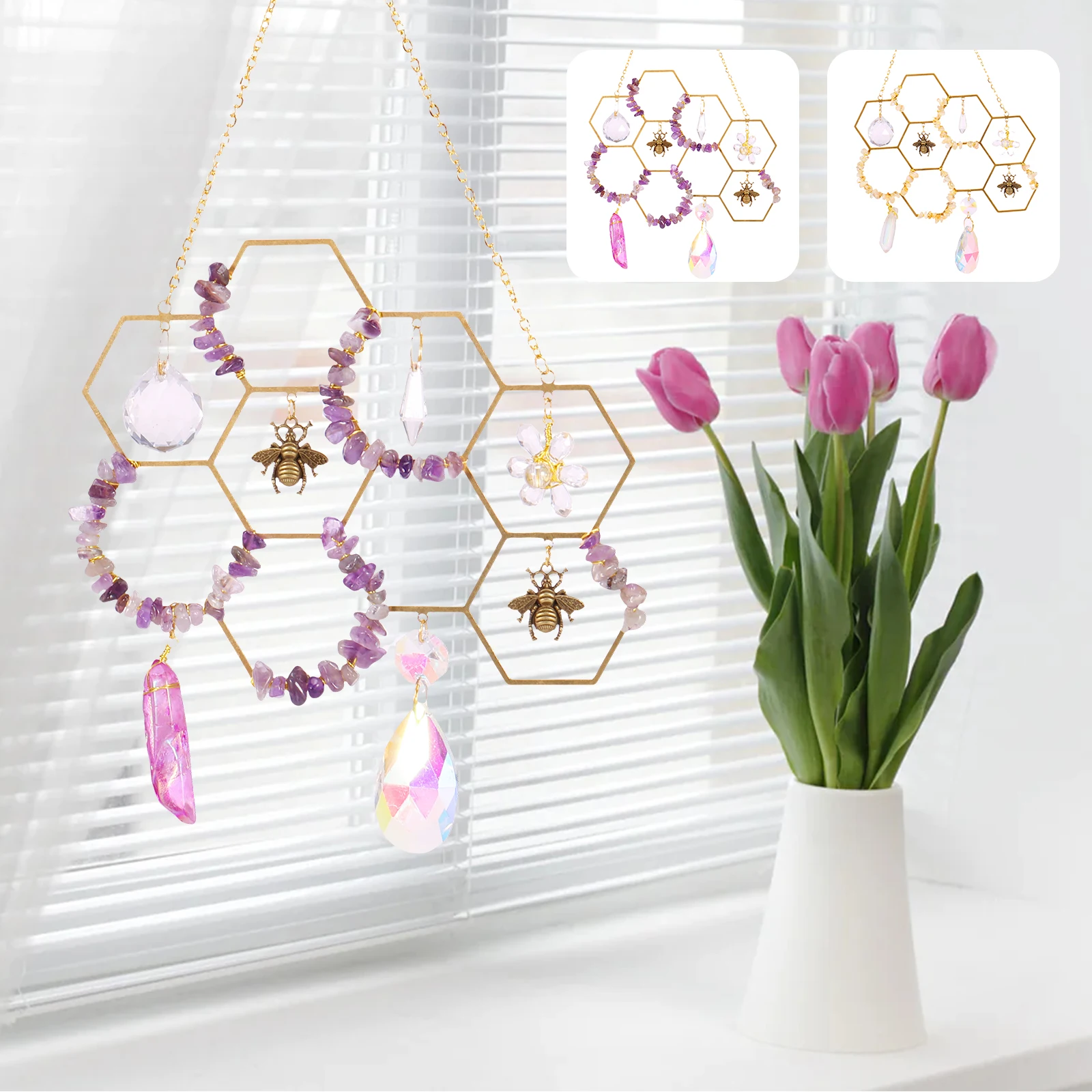 Window Crystal Suncatcher Hanging Bee Decor Honeycomb Sun Catcher Colorful Crystal Decor for Home Yard Party Wedding Christmas