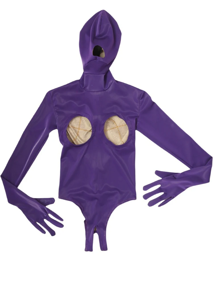 

XS-4XL Unisex PU Leather Hooded Separate Fingers Catsuit Hollow Out Bust Open Crotch Bodysuit Tights Sexy Body Teddies Leotard
