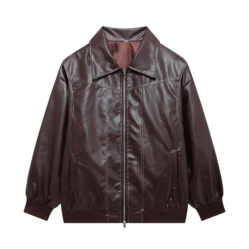 SIYANG  Women Fashion Chic Cropped Plque Leather coats Female Pockets Zipper Lapel Collar Leather coats Ladies Casual Coat