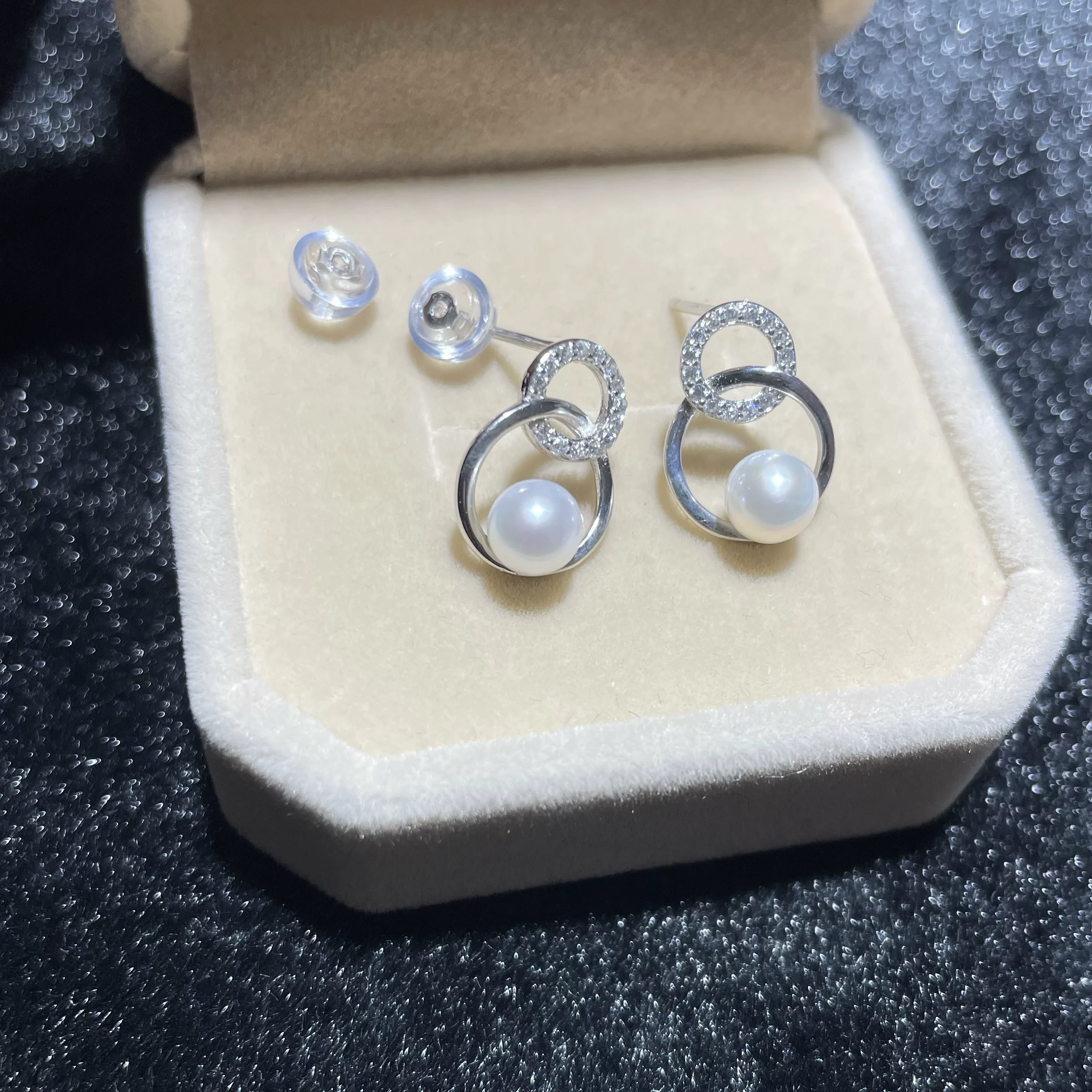 

New earrings AAAA5-6mm natural Japanese round white pearl double ring earrings 925s