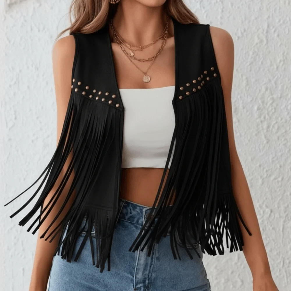 Fashionable Retro Fringed Vest Black/Brown Rivet Detailing Suede Vest Open Front Western Jacket for Women