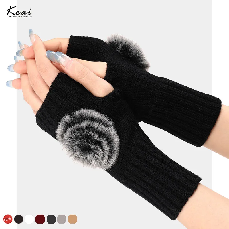 Winter Fluffy Ball Fingerless Knitted Gloves Women Warmer Fashion Soft High Elasticity Short Mitt Casual Girls Crochet Glove