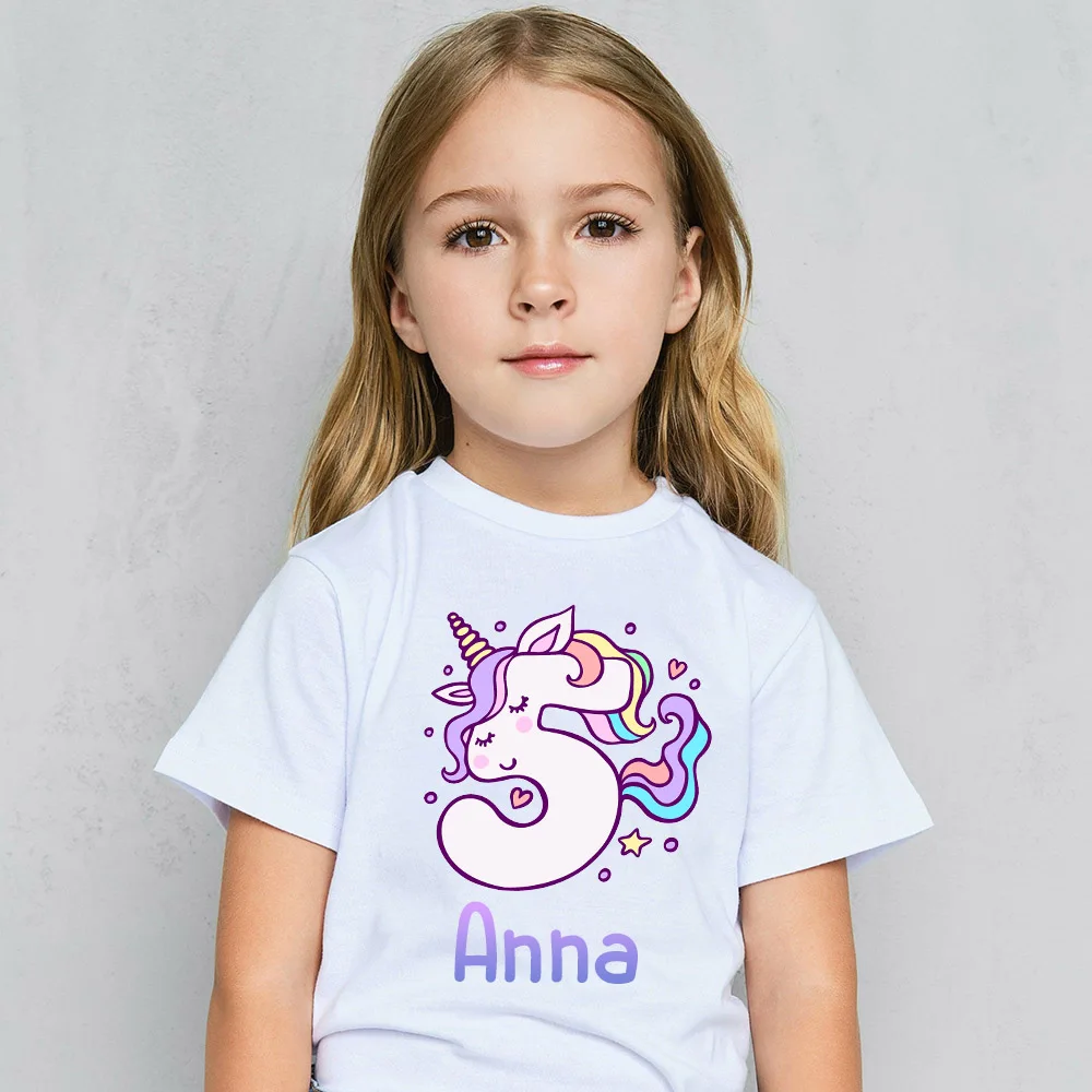 Personalised Unicorn Print Kids Birthday T-shirt Childs Custom Name Clothes Girls Shirt Birthday Party Outfits Cute T Shirt 1-9y