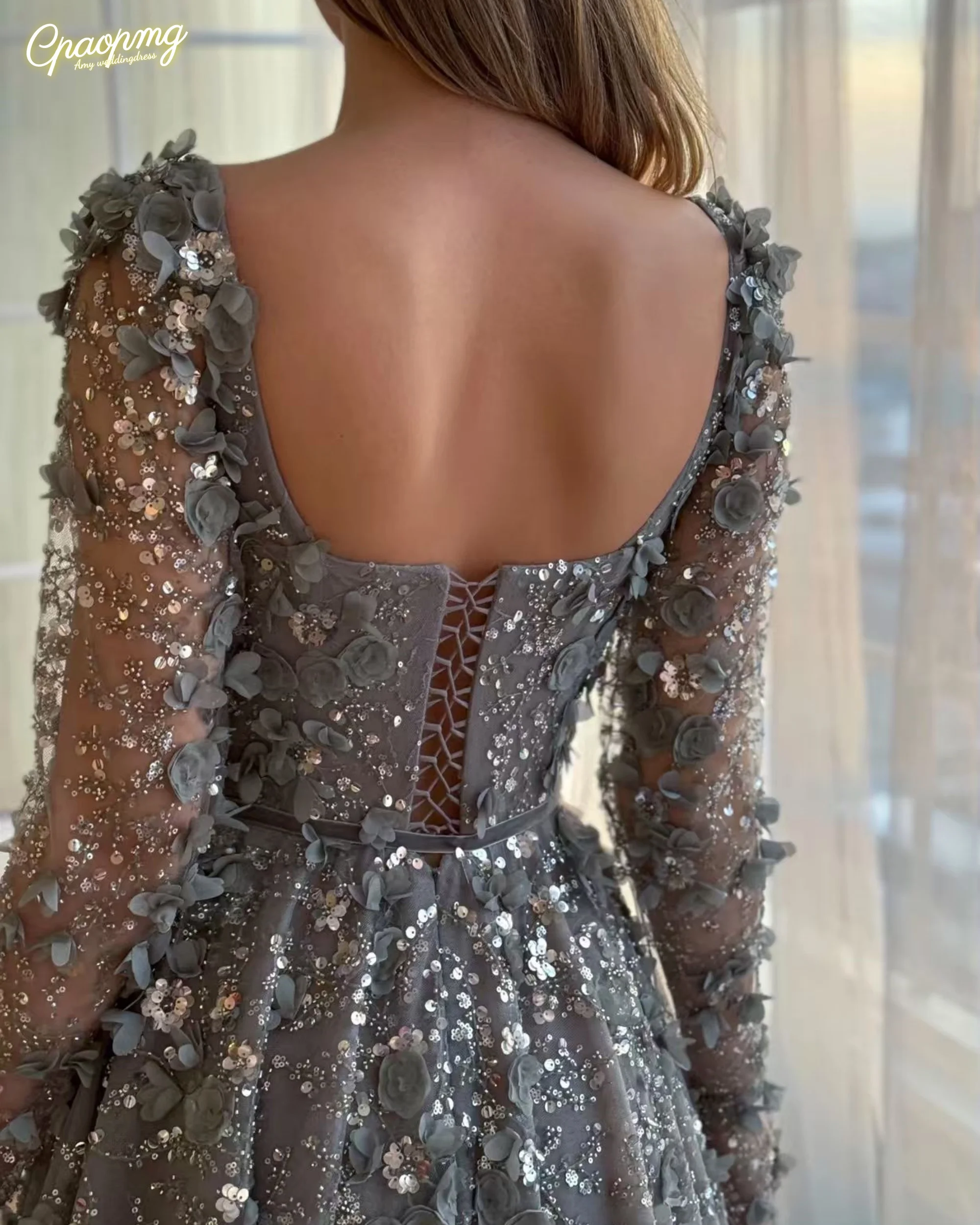 Personalizado de luxo 3d flor cinza mangas compridas vestidos de noite para festa de casamento feminino árabe a linha vestidos formais