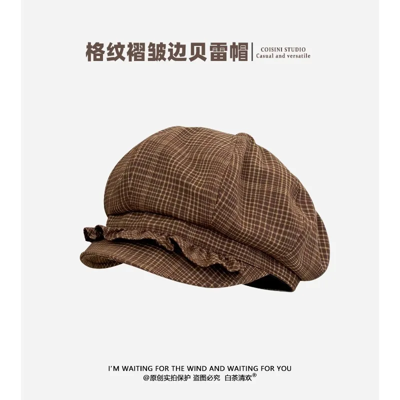 

Retro French Elegant Plaid Pleated Lace Design Berets for Women Spring Autumn Travel Casual Versatile Literary Newsboy Hats