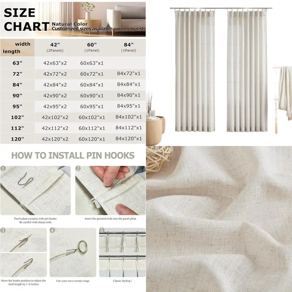 

Текстурированные полупрозрачные шторы из смесового льна с защипами, длина 95 дюймов, 2 панели, ширина 42 дюйма