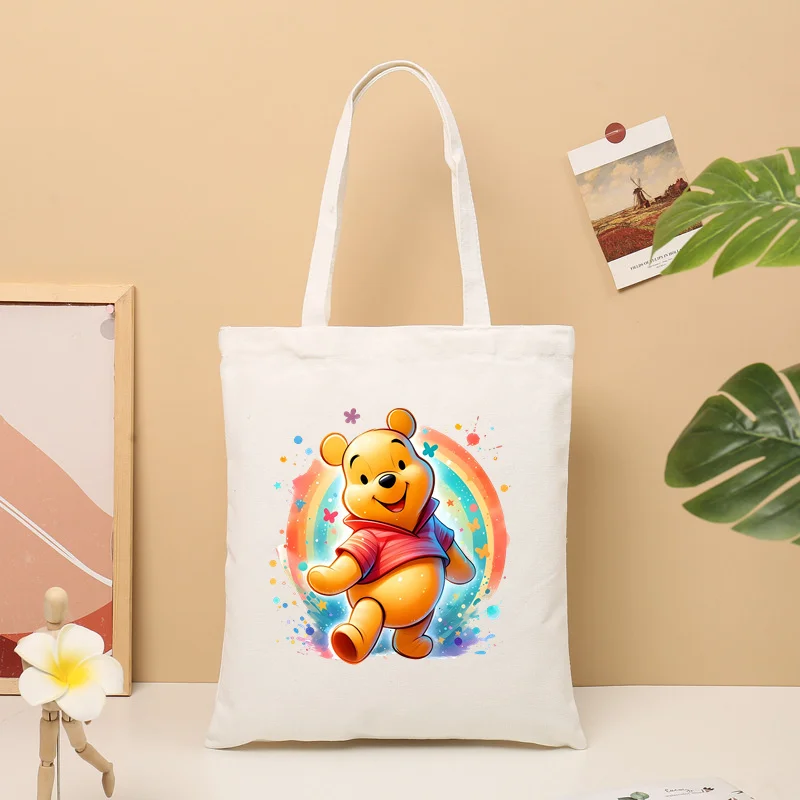 2024 Cute Winnie The Pooh Canvas Women\'s Shopping Handbag Ladies Cartoon Handbag Shopping Cotton Bag Girls Casual Shoulder Bag