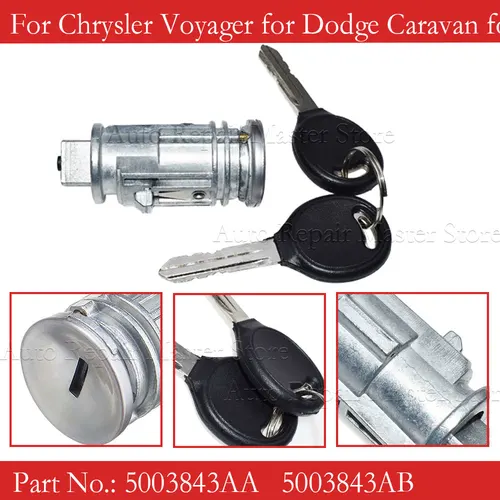 Imagen 2 del producto Interruptor de llave de encendido, cilindro de bloqueo con llaves para Chrysler, Voyager, Dodge, Caravan, Jeep, Cherokee, Plymouth, 5003843AB, 5003843AA