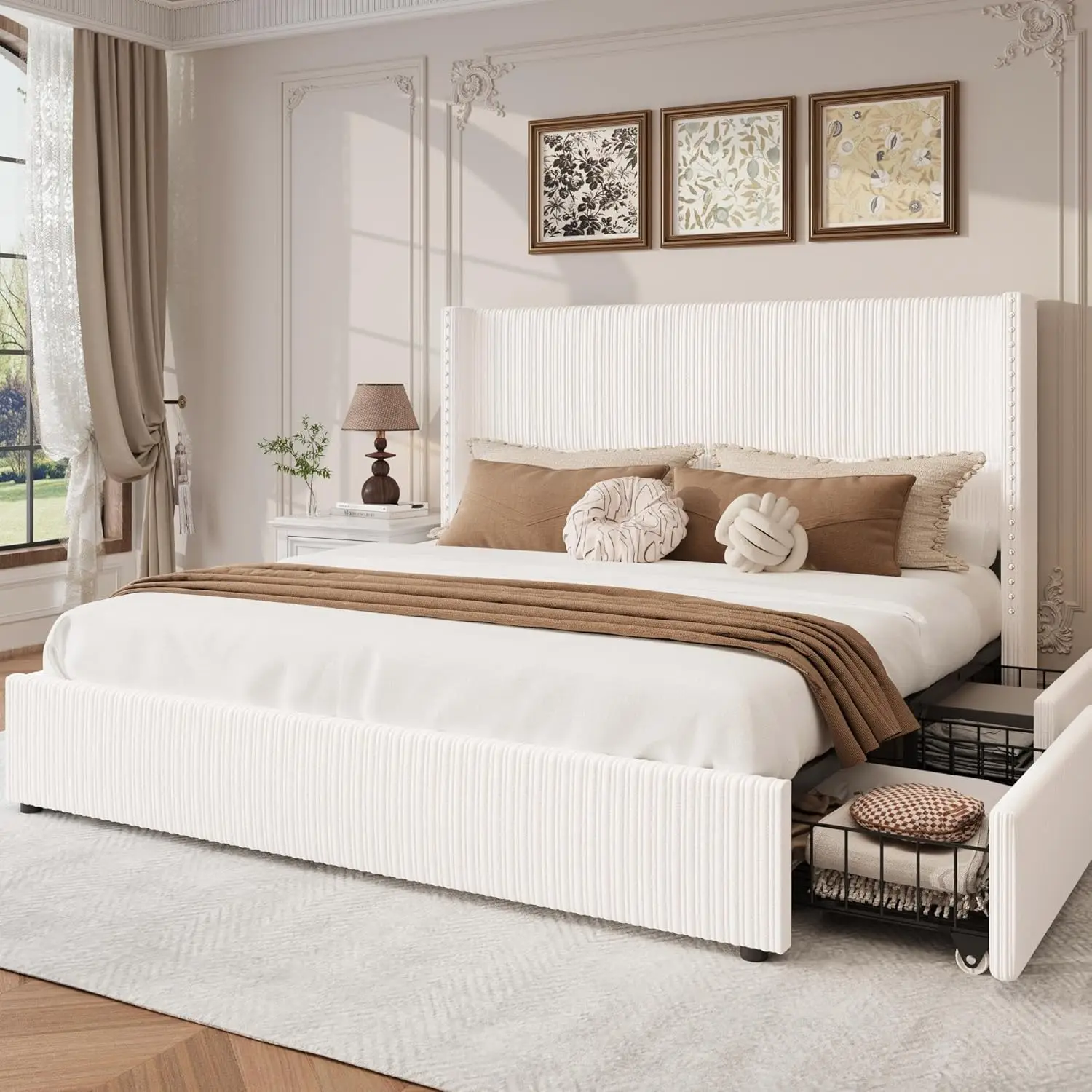 

King Size Bed Frame With 4 Storage Drawers Corduroy Upholstered Bed Frame,Platform Bed With Vertical Stripe Wingba