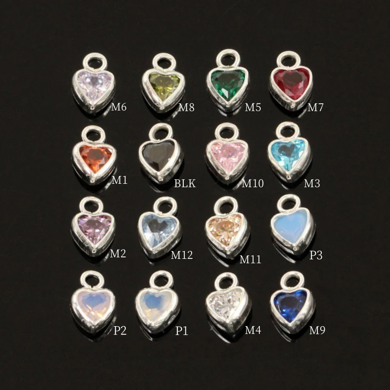 925 Sterling Silver Heart Shaped Birthstone Charm Pendant 3/4mm Horizontal CZs - Mix & Match for Jewelry Design