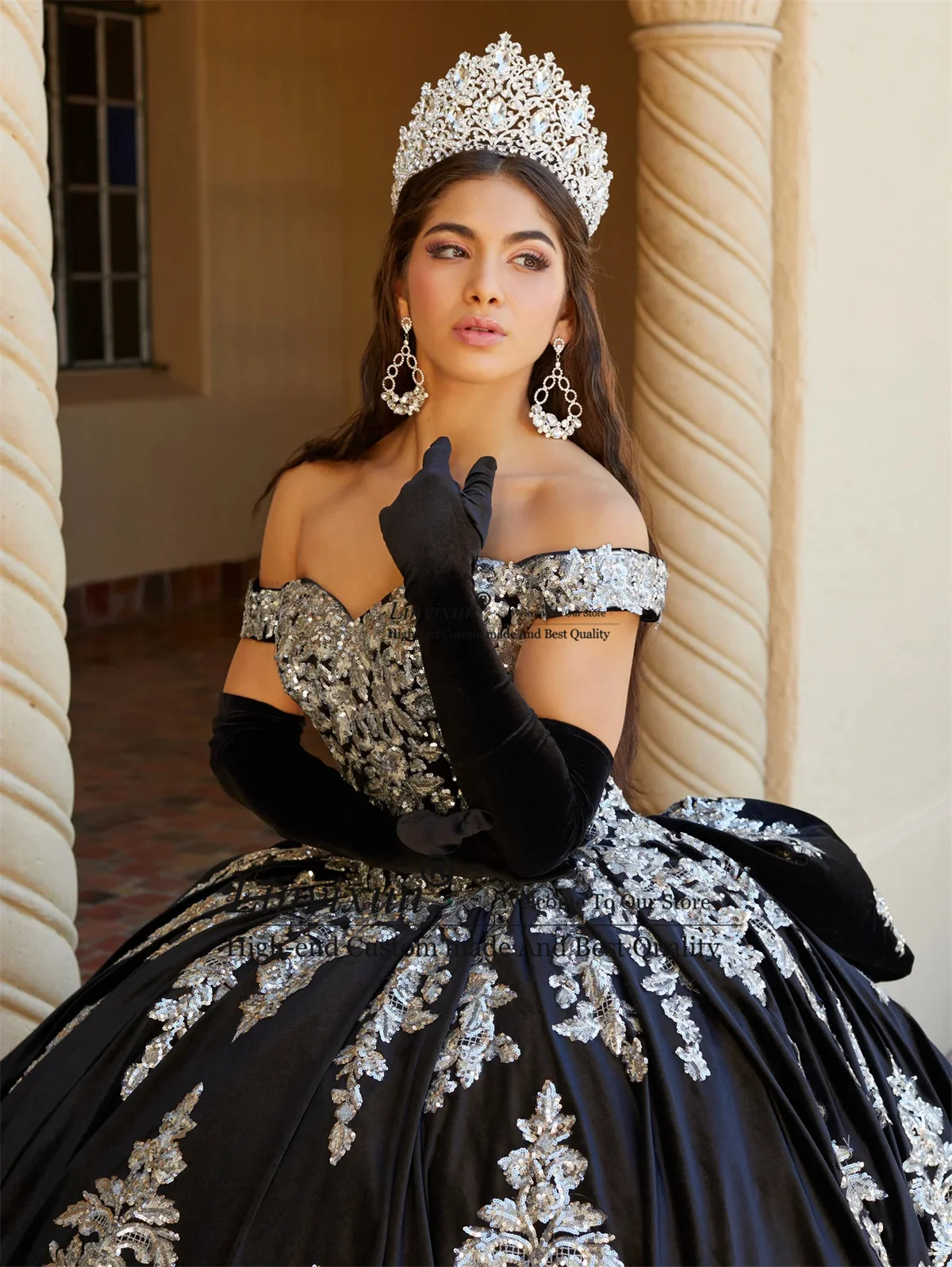 Princess Velvet Off Shoulder Quinceanera Dress Appliques Sequins Vestidos De 15 Años Lace Up Court Train Birthday Sweet 16 Dress