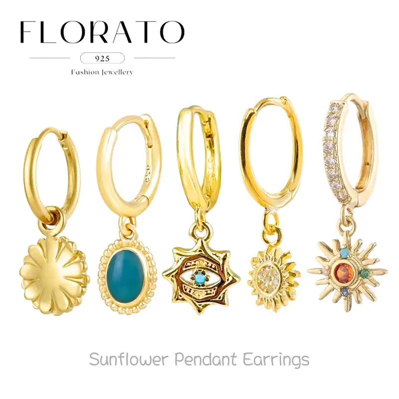 

New 925 Silver Needle Sunflower Pendant Hoop Earrings For Women Bule turquoise Retro Nepali Earrings Fashion Party Jewelry Gifts