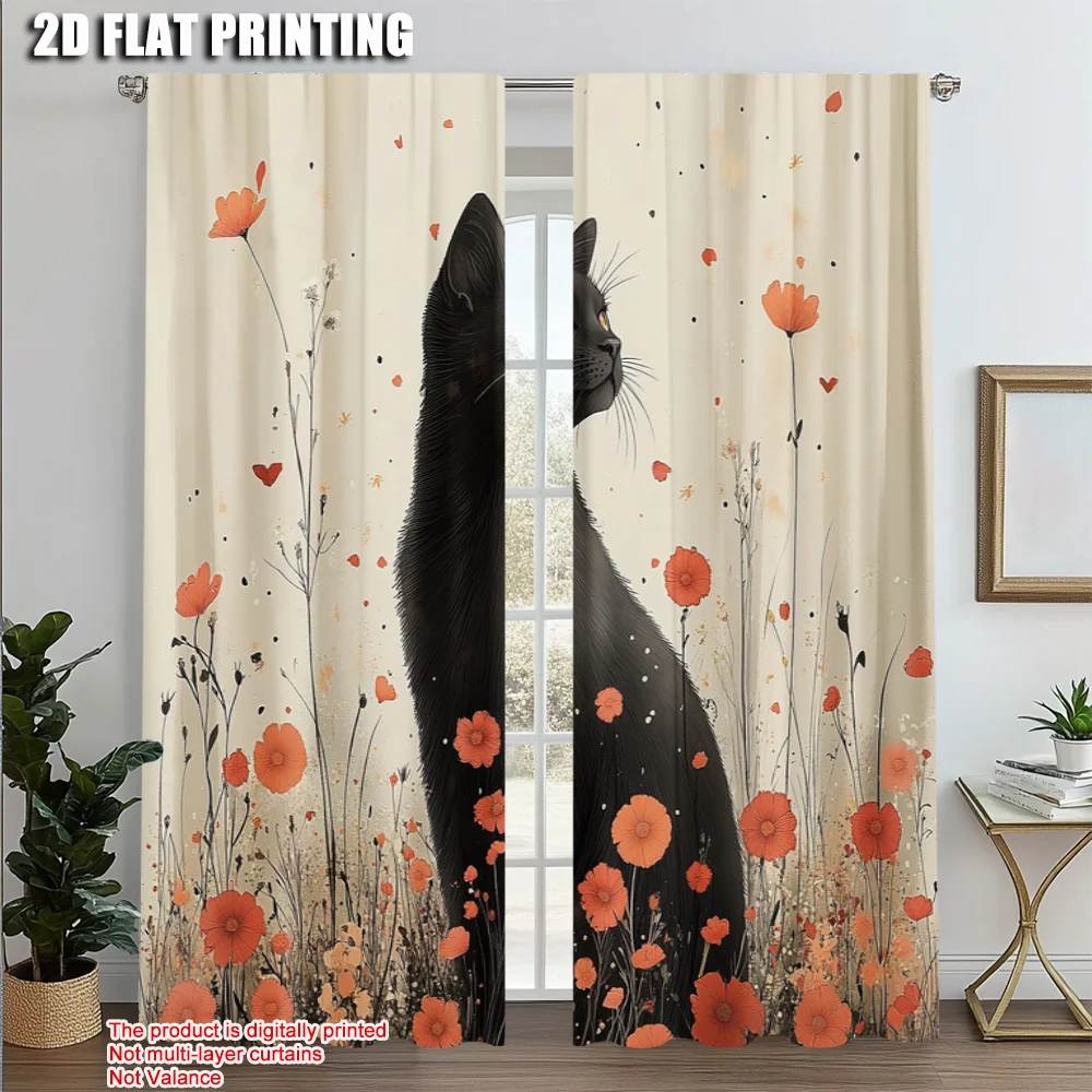 

2pcs, Minimalist Curtains 2D print Charming Black Cat Durable Polyester (without rod) Gifts Use for Bedroom, Kitchen, Office &