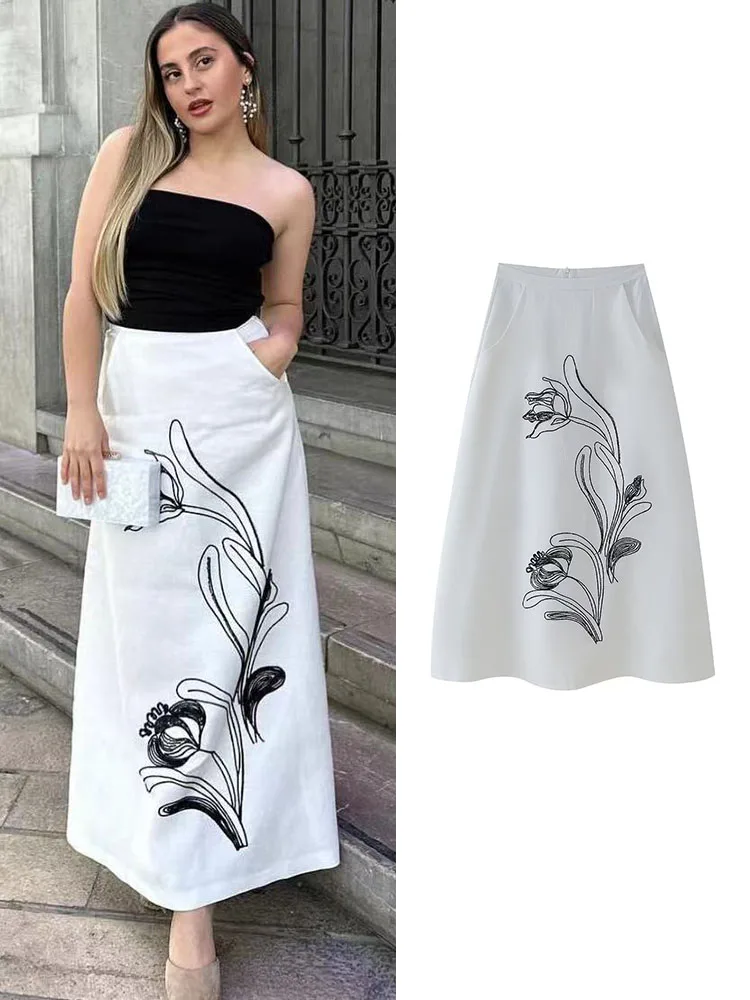 2024 New Summer Vintage Woman\'s Embroidery Skirts Fashion A-Line Mid-Waist Back Zipper Long Skirt Elegant Holiday Straight Dress