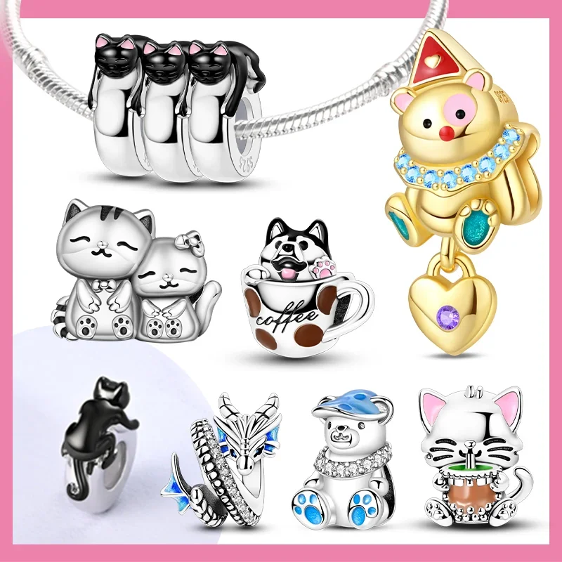 

New Silver 925 Cute Animals Series Black Cat Beads Bear Puppy Pet Charm Fit Original Bracelet for Women Diy Fine Jewelry Gift