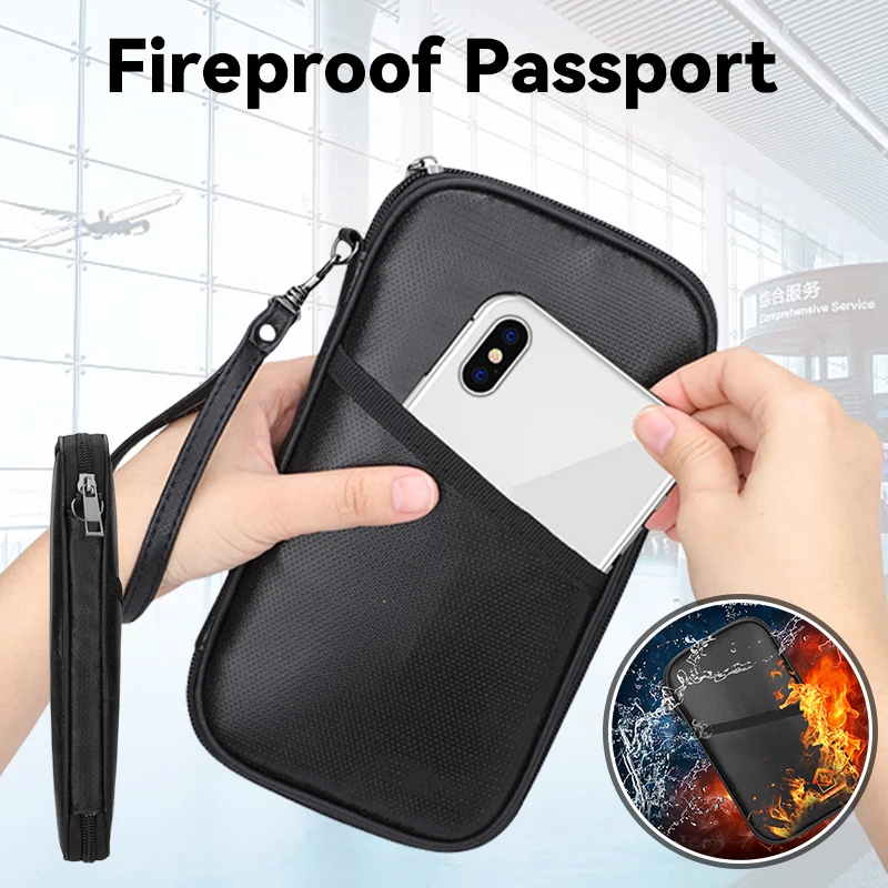 Fireproof Waterproof Passport Bag RFID Blocking Material Holder Passport Pouch  Zipper Multi Compartment Area Organizer Bag