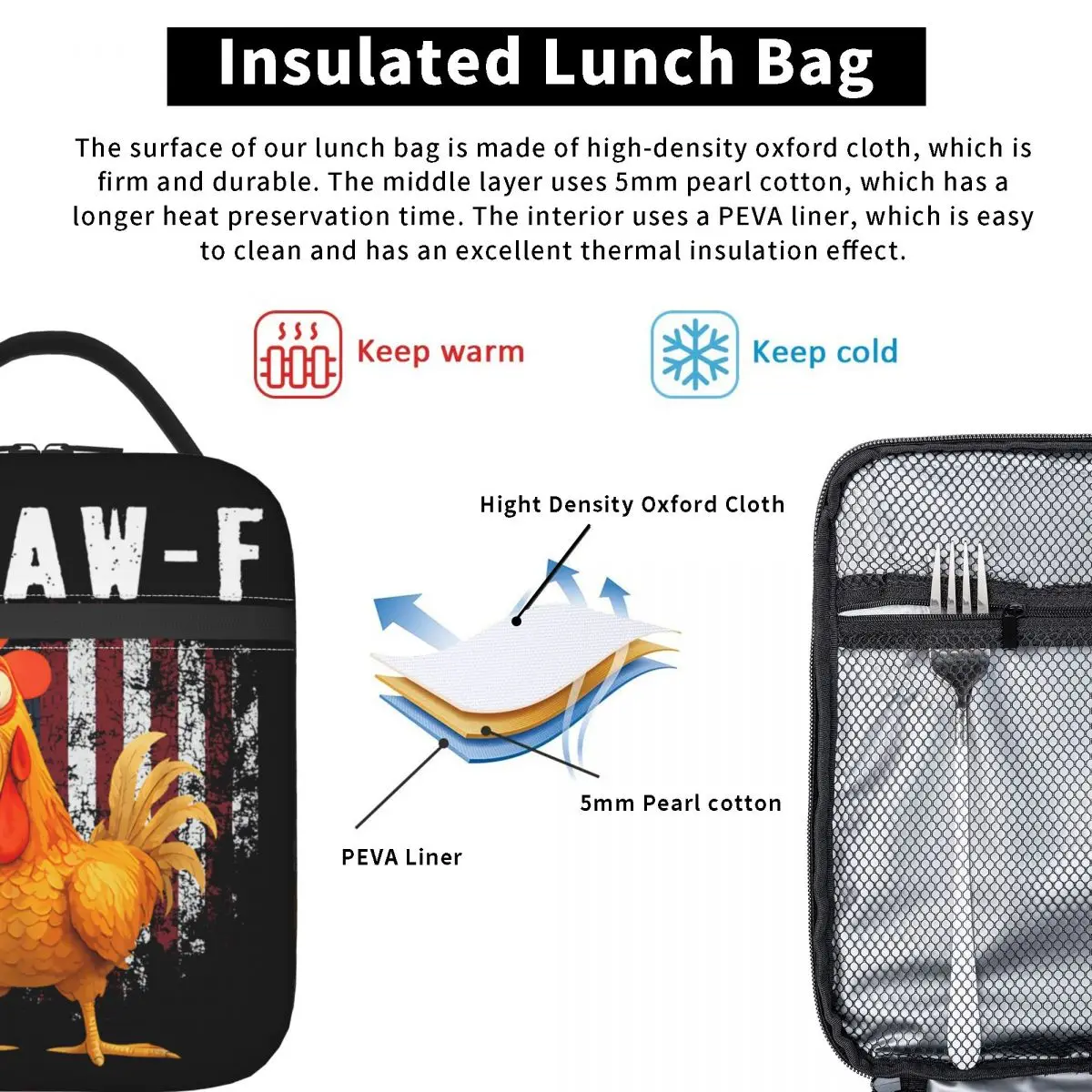 F-Caw-F قميص الدجاج FCAWF الدجاج خمر أمريكا العلم حقيبة الغداء السفر علب الاغذية للنساء الجمالية مصمم حمل أكياس الغذاء