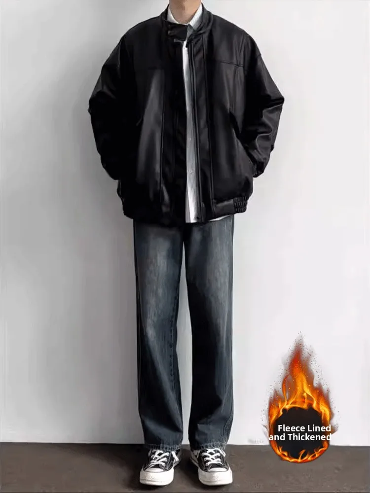 

American Vibe Thiened Blue Jeans Men's Autumn Winter Fce Straight Leg Long Pants Slim Fit Casual Sle mid Waist Zipper