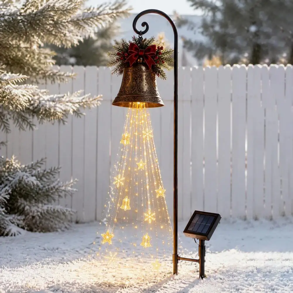 Traditional Holiday Garden Decor Solar Christmas Bell Waterfall Light Led Metal Garden Stake with Ribbon Waterproof for Yard