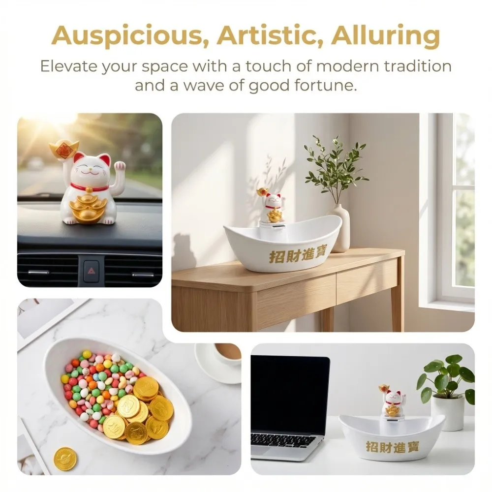 Plastic Solar Waving Fortune Cat White 9.09x6.89x5.59in Solar Powered Lucky Cat Cat Car Dashboard Cat Decor