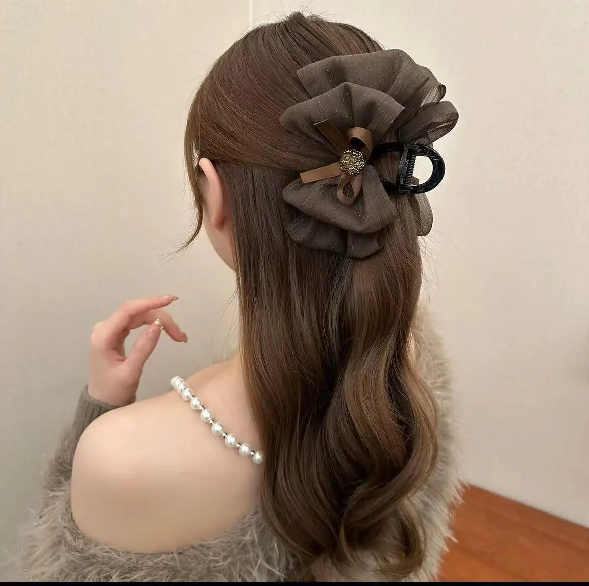 우아한 분위기의 메쉬 보우 헤어 클립 (여성용 시어서커 샤크 클립) 패션 소녀 뒷머리 헤어 클램프