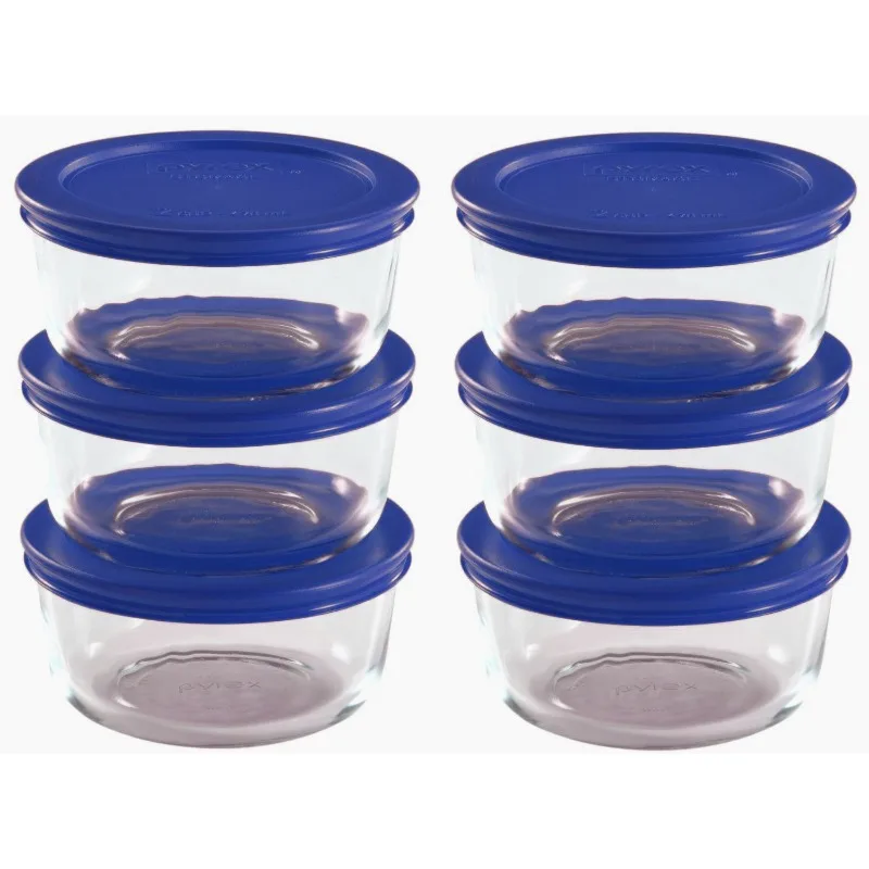 Storage 2 Cup Round Dish, Clear with Blue Lid, 12-Piece