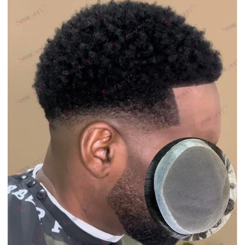 دائم سهل الارتداء 100% شعر الإنسان الأفرو رجل أسود 6 مللي متر ضيق مجعد الباروكات غير قابلة للاكتشاف شعري طبيعي الدانتيل العلوي و بولي Base قاعدة الرجال الشعر المستعار