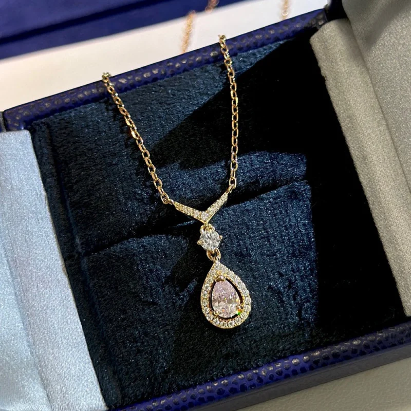 

S925Silver Light LuxuryVShaped Water Drop Pink Gem Artificial Diamond Seiko High-Grade Necklace Female Bone Joint