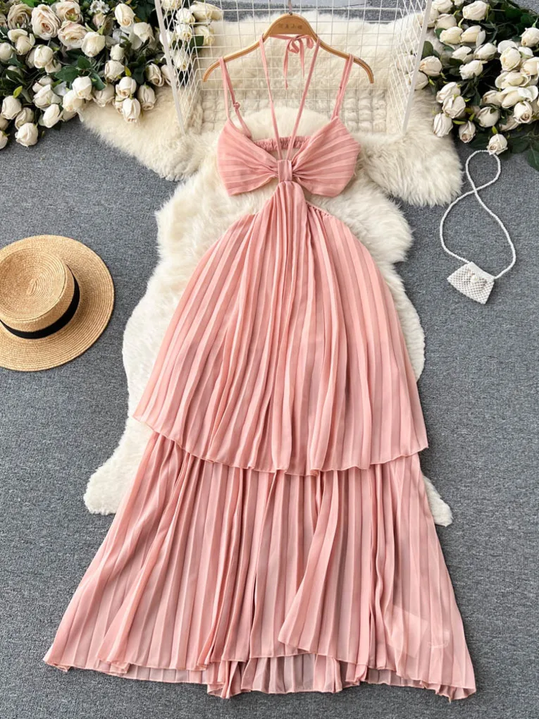 

Foamlina Sexy Women Summer Pink Beach Maxi Dress Elegant V Neck Spaghetti Strap Sleeveless Cut Out Backless Long Pleated Dress