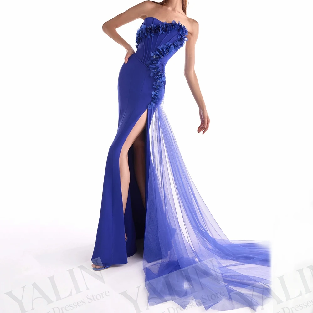 

Women's Mermaid Evening Dresses Floor-length Strapless Sleeveless Prom Gown Fashion Flowers Sequined Draped Customized Gowns