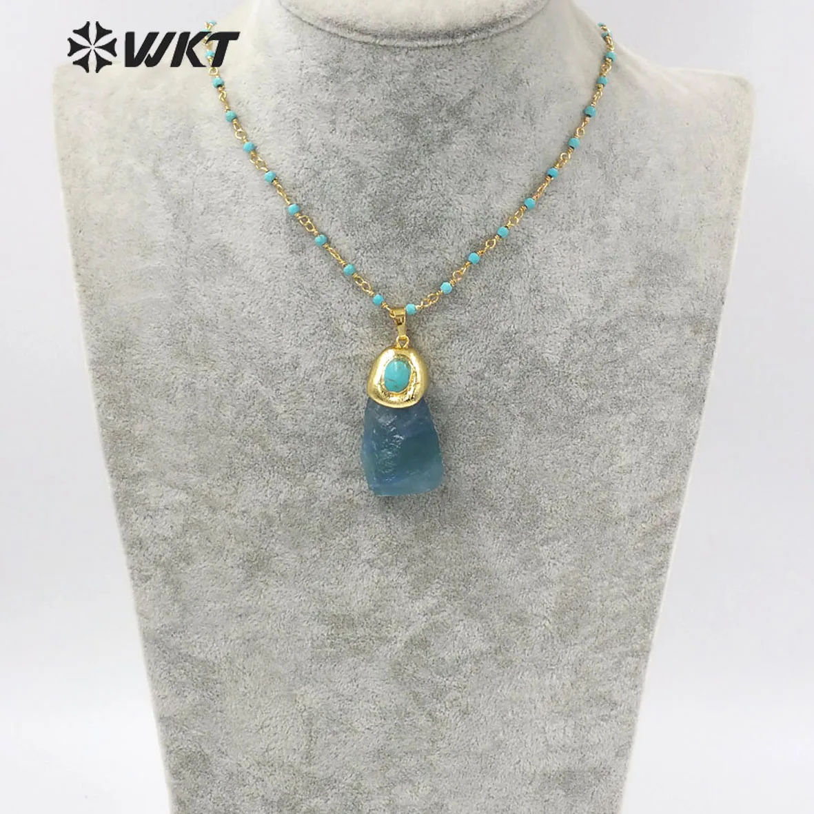 WT-N1288 Women fashion gold plated rainbow blue raw fluorite stone necklace vintage Boho style Raw stone turquoises necklace