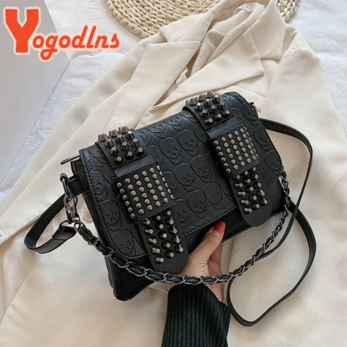 Imagen 2 del producto Yogodlns, bolsos de mensajero de cuero negro para mujer, bandoleras Vintage a la moda con remaches de calavera, bolsos de hombro, bolsa principal