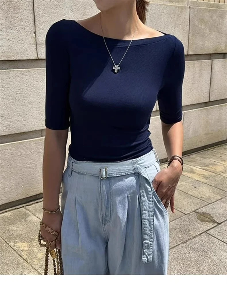 Sexy Halbarm Slim Fit Tees Koreanische 2026 Sommer Trendy Slash Neck Frauen T-shirts Off-schulter Feste Beiläufige Vielseitige top – Detail 13