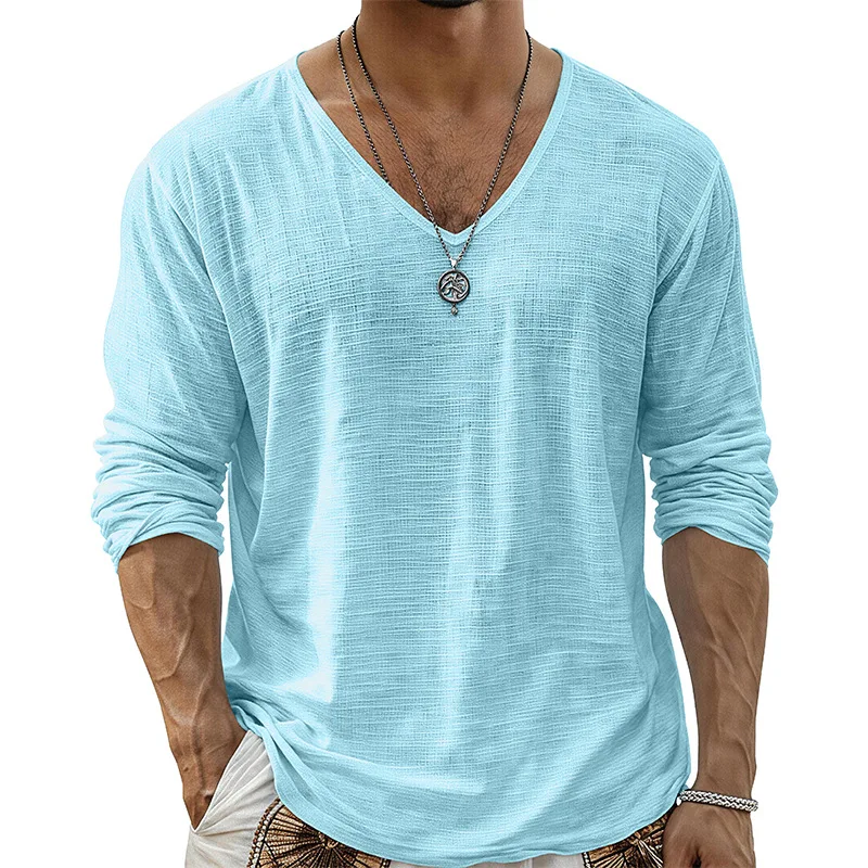 Frühling Sommer Herren Langarm-T-Shirts aus Baumwolle und Leinen, schickes V-Ausschnitt-T-Shirt, einfarbig, lässig, zum Überziehen, atmungsaktiv, Strand-T-Shirts, Oberteile