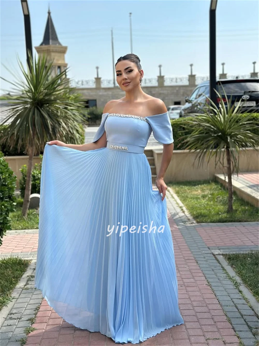 Customized Modern Style Elegant Chiffon Rhinestone Ruched Straight Off-the-shoulder Long Dresses Bespoke Occasion Dresses Sexy