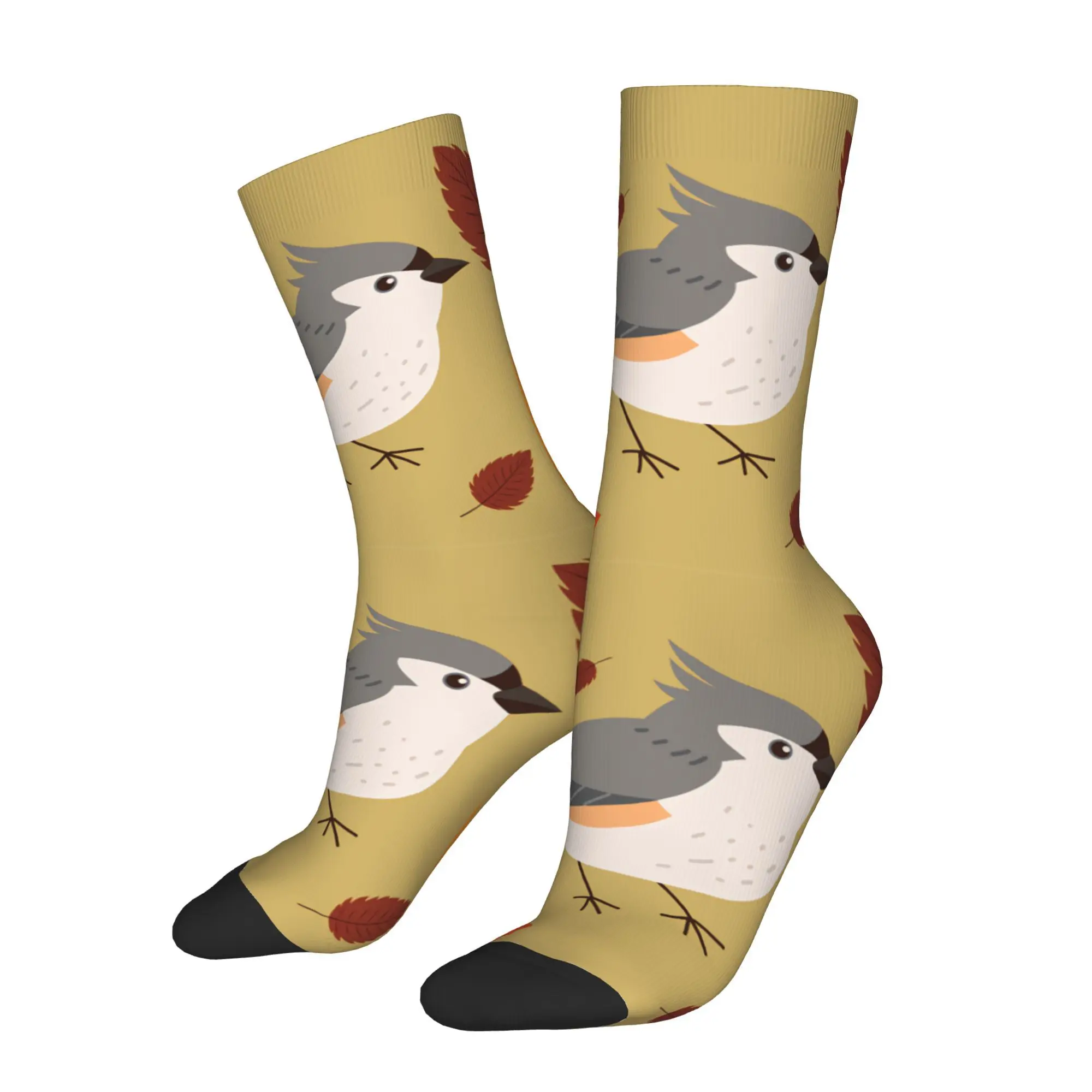 1pc Bird and Autumnal Leaves Design Printed Men's Socks  Novelty Hip Hop Harajuku Pattern Crew Sock Casual Gift