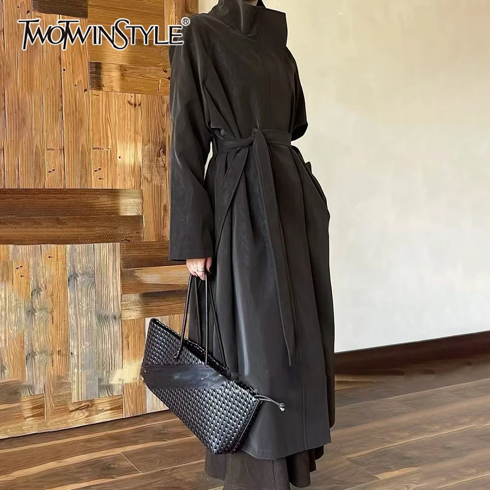 

TWOTWINSTYLE Solid Spliced Bandage Chic Trench Female Turtleneck Long Sleeve Loose Streetwear Women's Trenchs Autumn Fashion New