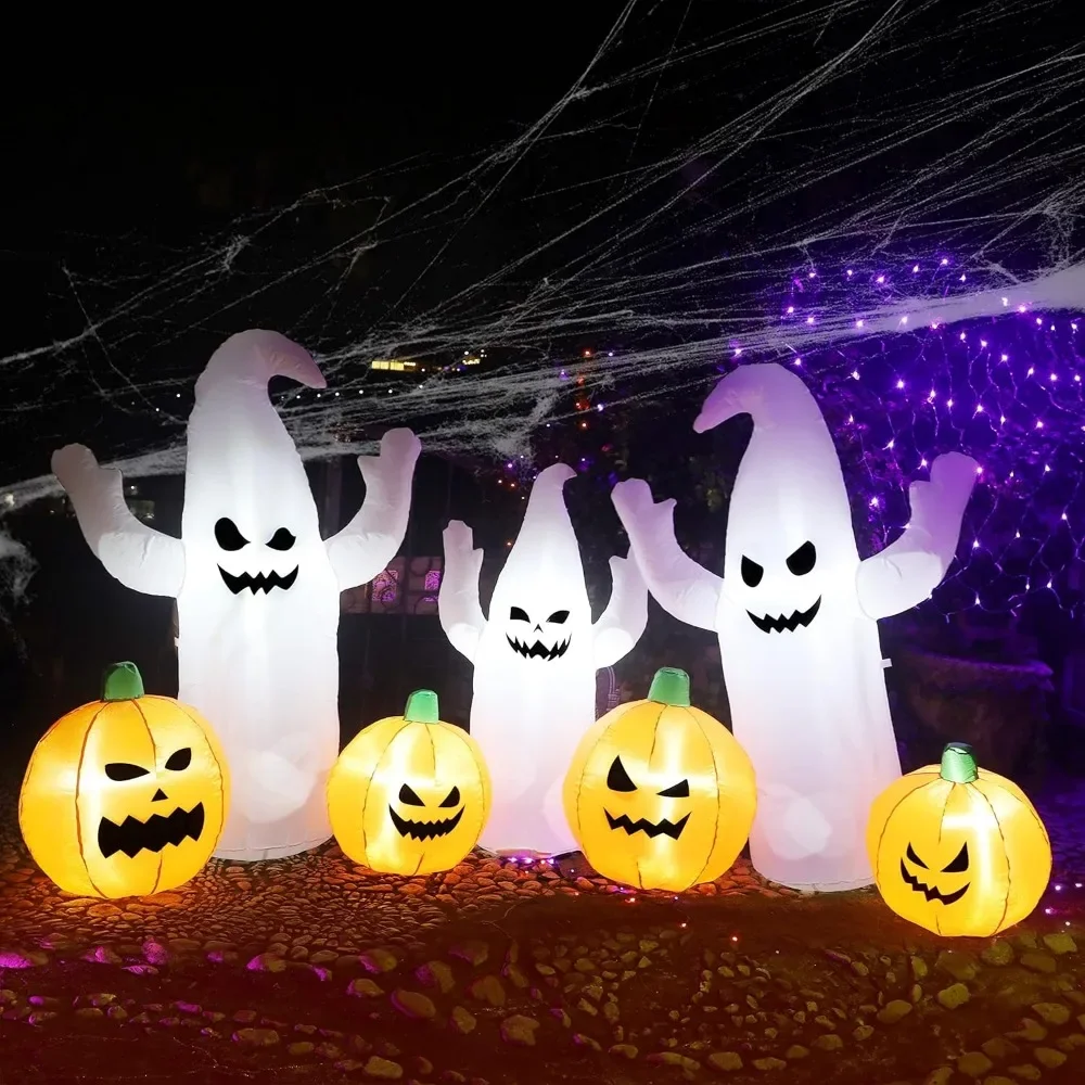 8 FT Long Lighted Halloween Inflatable Ghosts with Pumpkins, Halloween Blow Up Decorations for Halloween Indoor Outdoor Garden