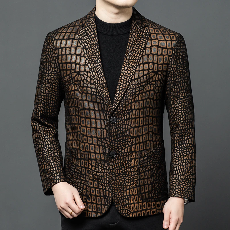 Luxurious Sheepskin Blazers For Men Smooth Casual Leather Jacket Winter Top Quality Leopard Print Slim Gentleman Terno Masculino