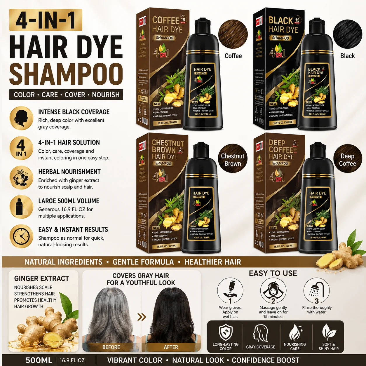 Black Brown Hair Dye Shampoo 500ml,4-in-1 Color Shampoo for Gray Coverage, Long-Lasting Natural Hair Coloring for Women Men