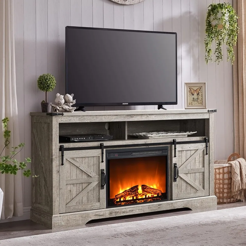 

Fireplace TV Stand for 65+ Inch TV, 33" Tall Highboy Farmhouse Entertainment Center w/ 23'' Electric Fireplace