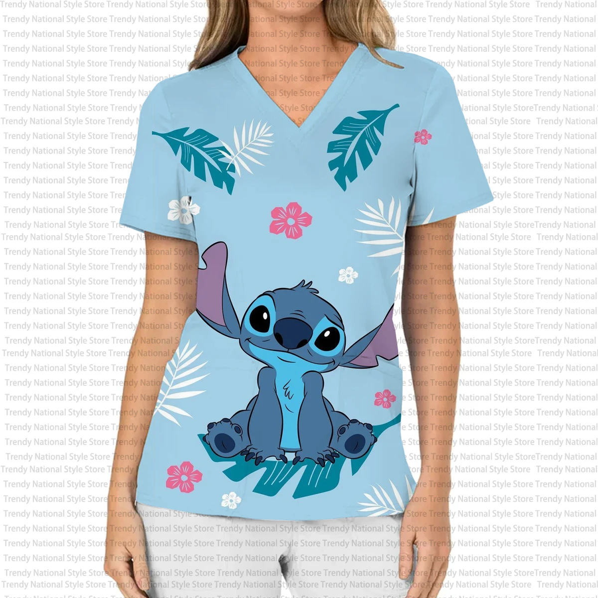 新しいディズニー スティッチ ナース 女性病院 ペットショップ Tシャツ、女性用看護師ユニフォーム プリント V ネック ナース フロストトップ