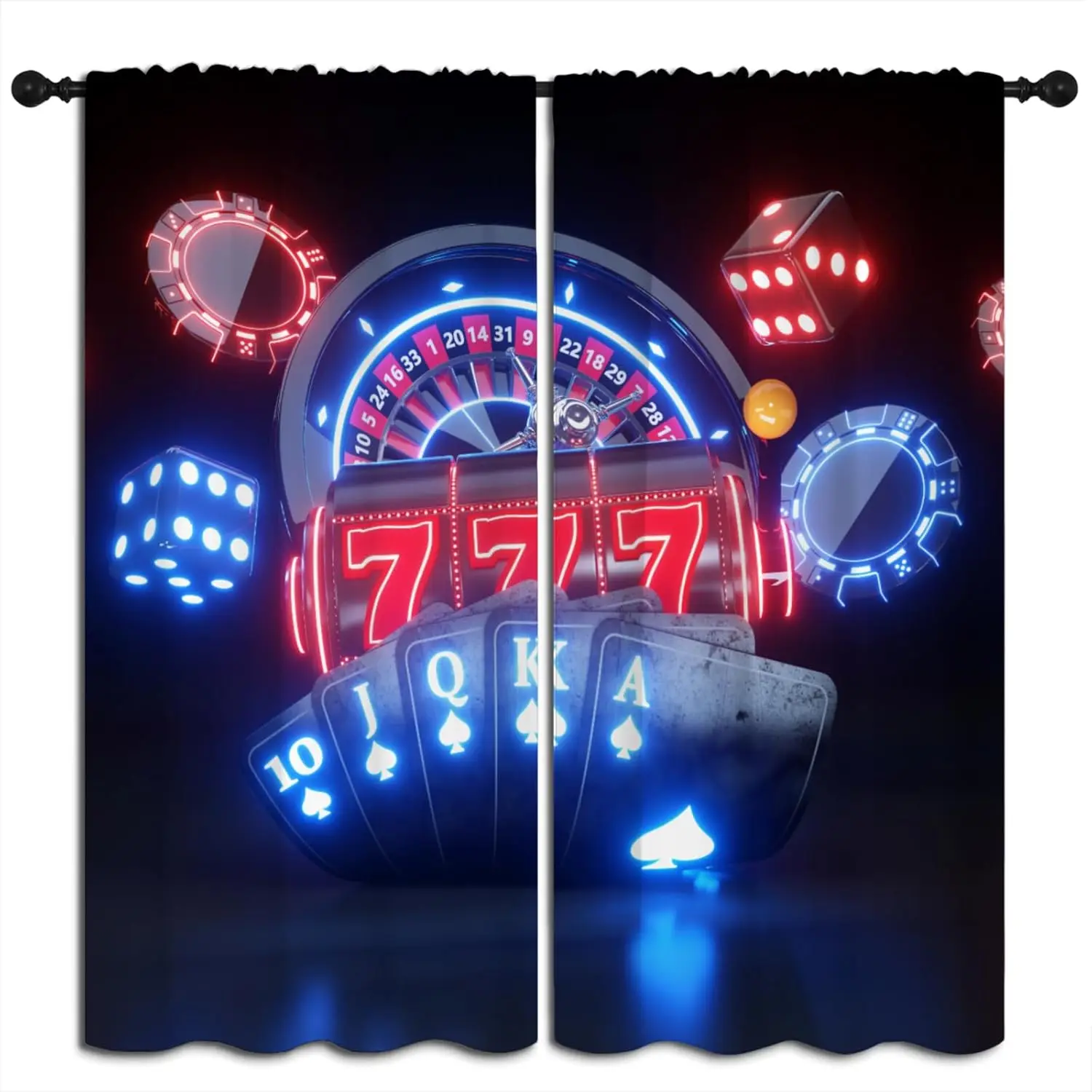 Neon Casino Blackout Curtains for Boys Girl Bedroom Home Decor, Dice Poker Chips Black Background Thermal Insulated Rod Pocket