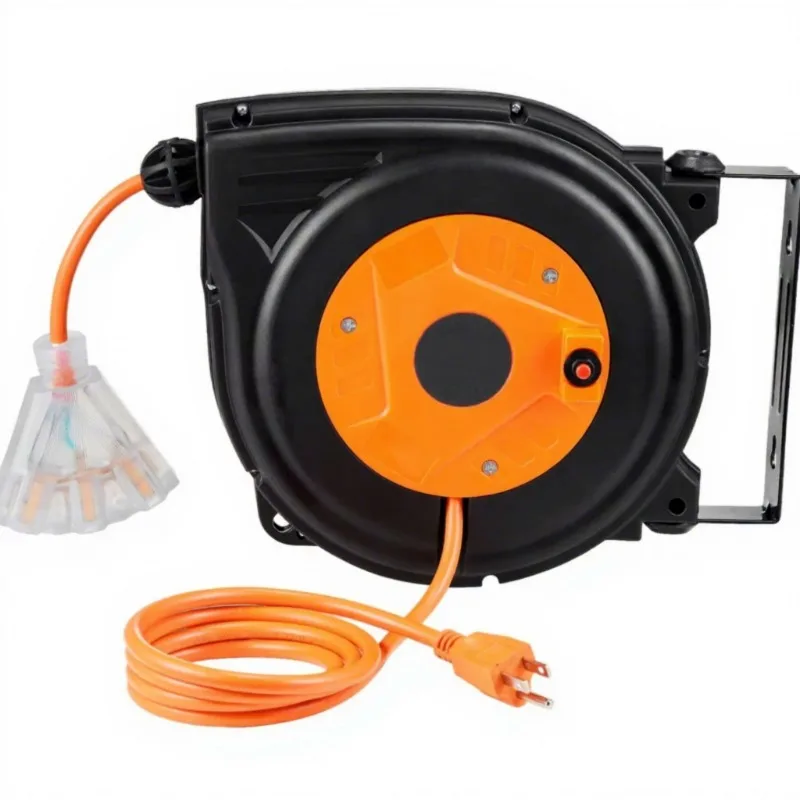 Retractable Extension Cable Reel 30ft 16AWG3C Power Cord, 3-Way Socket 10 Amps, Circuit Breaker, Ceiling Wall Mount